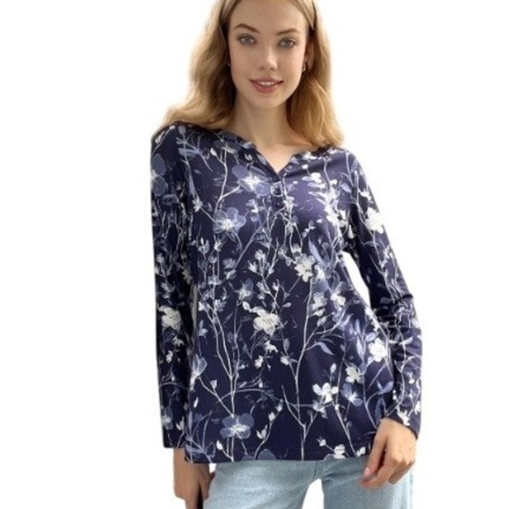Womens XL Button Front Long Sleeve Floral Print Tunic Top Navy Blue White NWT